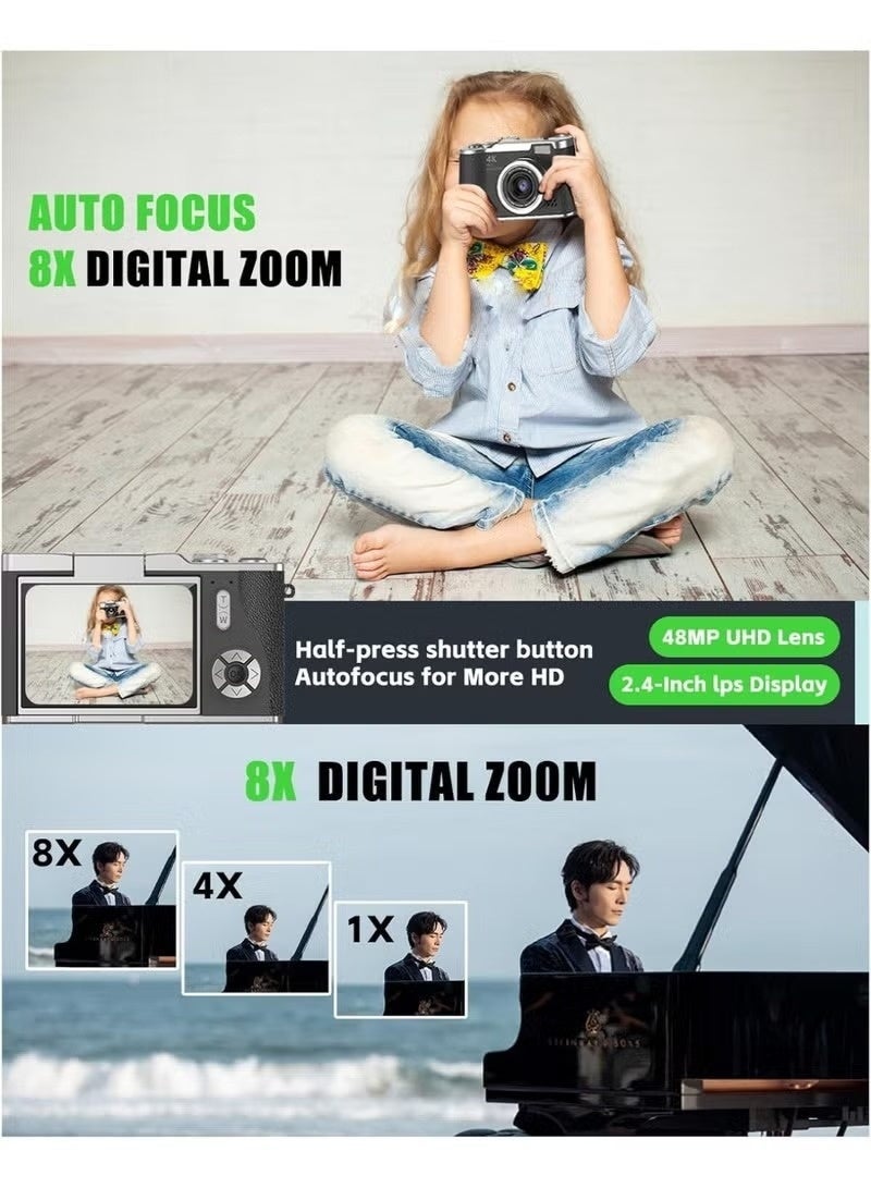 كاميرا رقمية محمولة بدقة 48 ميجابكسل مزودة بتقريب رقمي CCD بدقة 4K، وكاميرا سيلفي بشاشة قابلة للطي 180 درجة، مع بطاقة ذاكرة SD سعة 128 جيجابايت. - Image 4